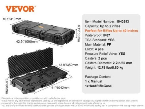 Tactical Haven™ VEVOR Rifle Hard Case Portable Long Gun Storage Hard Suitcase W/ 2 Casters Shockproof & Waterproof