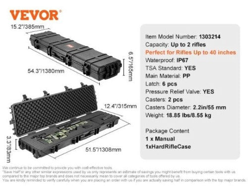 Tactical Haven™ VEVOR Rifle Hard Case Portable Long Gun Storage Hard Suitcase W/ 2 Casters Shockproof & Waterproof